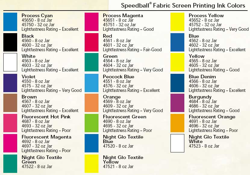 Ink Colour Chart